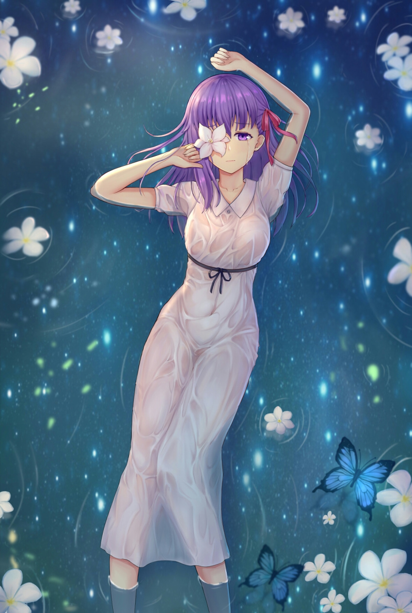 1girl arms_up bangs breasts bug butterfly closed_mouth collarbone collared_dress covered_navel covering_one_eye crying crying_with_eyes_open dress eyebrows_visible_through_hair fate/stay_night fate_(series) flower flower_on_water from_above hair_between_eyes hair_ribbon half-closed_eye half-closed_eyes heaven's_feel highres hokori_sakuni insect light_particles long_dress long_hair looking_at_viewer lying matou_sakura medium_breasts on_back one_eye_covered purple_hair red_ribbon ribbon ripples sad sash shiny shiny_hair short_sleeves sidelocks solo tears violet_eyes water wet wet_clothes wet_dress white_flower