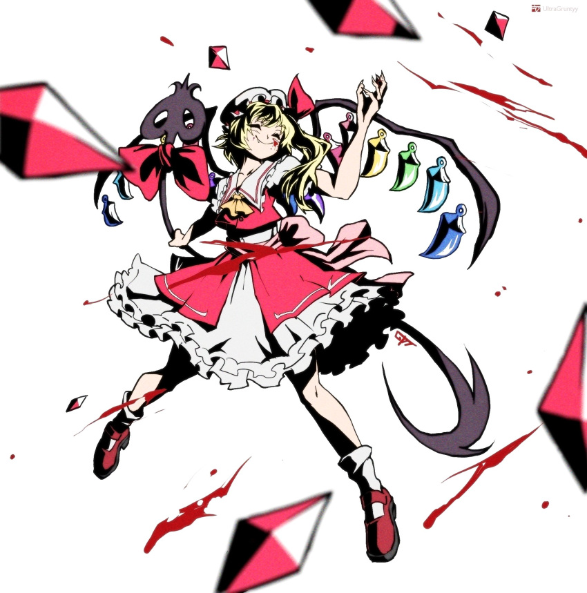 1girl arms_up ascot back_bow bangs belt blonde_hair blood blood_on_face blush bow buttons closed_eyes closed_mouth collared_shirt crystal dress eyebrows_visible_through_hair fang flandre_scarlet flying hair_between_eyes hands_up hat hat_ribbon highres jewelry laevatein_(touhou) mob_cap multicolored_wings one_side_up pink_belt pink_bow polearm puffy_short_sleeves puffy_sleeves red_bow red_dress red_footwear red_ribbon red_vest ribbon shirt shoes short_hair short_sleeves signature simple_background smile socks solo spear touhou ultragruntyy vest weapon white_background white_dress white_headwear white_legwear wings yellow_ascot