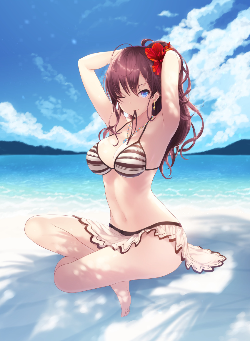 1girl absurdres ahoge armpits arms_behind_head arms_up bare_shoulders beach bikini blue_eyes breasts brown_hair cait cleavage closed_mouth clouds cloudy_sky day earrings flower hair_between_eyes hair_flower hair_ornament highres huge_filesize ichinose_shiki idolmaster idolmaster_cinderella_girls indian_style jewelry legs long_hair looking_at_viewer medium_breasts mouth_hold navel ocean ribbon ribbon_in_mouth seaside sidelocks sitting sky smile solo striped striped_bikini swimsuit thighs waist wavy_hair