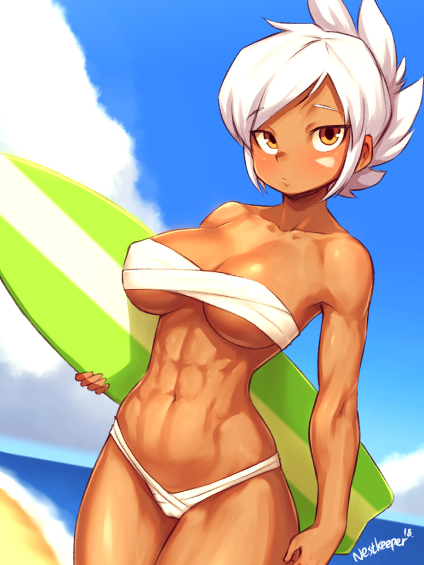 1girl abs artist_name bikini blue_sky blush breasts closed_mouth clouds collarbone dark_skin day highres large_breasts league_of_legends looking_at_viewer navel nestkeeper ocean orange_eyes riven_(league_of_legends) short_hair sky solo swimsuit tan white_bikini white_hair