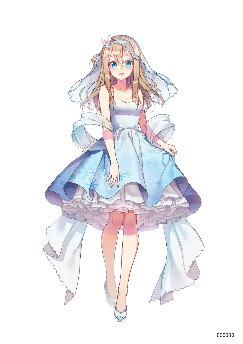 1girl artist_name blann blonde_hair blue_eyes blue_hairband blush breasts bridal_veil cleavage collarbone dress floating_hair full_body girls_frontline hairband high_heels highres layered_dress long_hair print_dress pumps see-through simple_background sleeveless sleeveless_dress small_breasts smile snowflake_print solo standing striped striped_dress suomi_kp31_(girls_frontline) veil white_background