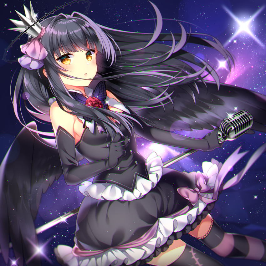 1girl bangs black_dress black_gloves black_hair black_wings blush bug butterfly buttons closed_mouth crown dress elbow_gloves eyebrows_visible_through_hair flower gloves hair_ribbon halo highres insect jewelry kurisu_sai long_hair looking_at_viewer microphone original ribbon solo space star striped striped_legwear thigh-highs wings yellow_eyes