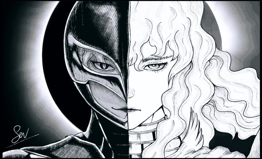 1boy androgynous berserk demon eclipse facing_viewer femto_(berserk) griffith_(berserk) hair_between_eyes helmet long_hair looking_at_viewer male_focus monochrome senetoarts signature split_screen split_theme white_hair