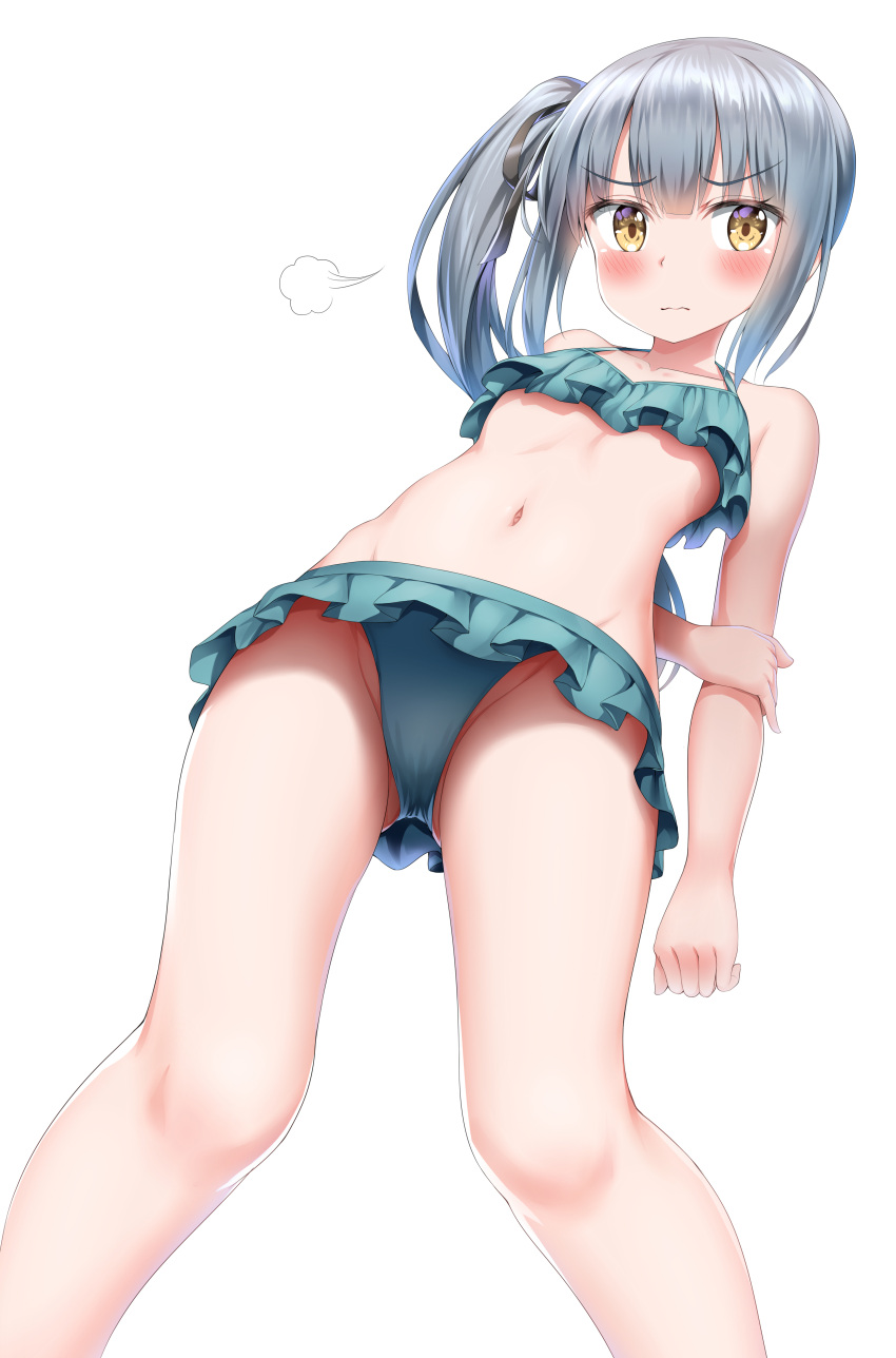 1girl =3 absurdres arm_behind_back ass_visible_through_thighs bangs bikini bikini_skirt blue_bikini blush breasts brown_eyes cleavage collarbone commentary_request eyebrows_visible_through_hair frilled_bikini frills from_below frown grey_hair groin hair_ribbon head_tilt highres holding_arm kantai_collection kasumi_(kantai_collection) long_hair looking_at_viewer navel nedia_(nedia_region) remodel_(kantai_collection) ribbon side_ponytail sidelocks simple_background small_breasts solo stomach swimsuit thighs tsundere wavy_mouth white_background
