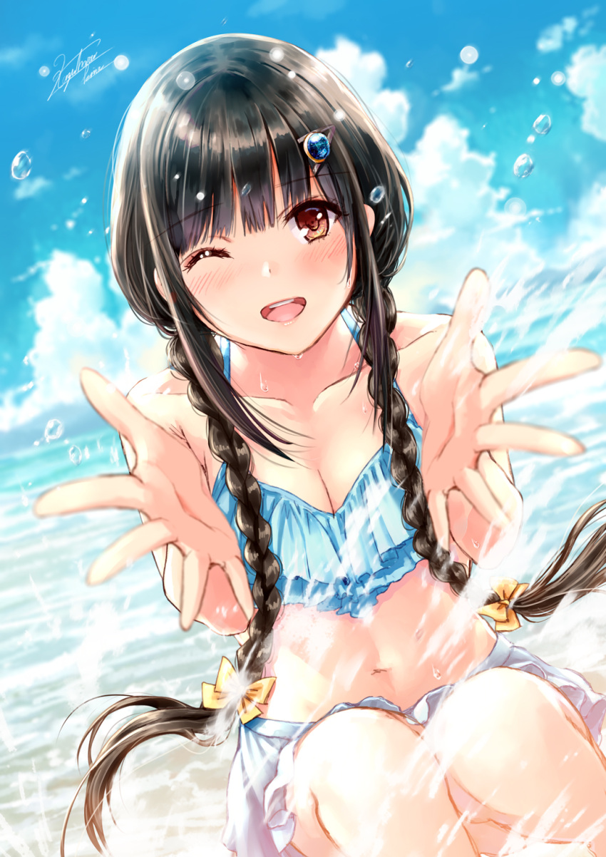 1girl ;d bangs bikini_skirt black_hair blue_bikini_top blue_sky blunt_bangs blurry blurry_background bow braid breasts brown_eyes cleavage collarbone day dutch_angle eyebrows_visible_through_hair floating_hair hair_bow highres kazuharu_kina long_hair looking_at_viewer medium_breasts navel one_eye_closed open_mouth original outdoors shiny shiny_hair signature skirt sky smile solo twin_braids twintails very_long_hair white_skirt yellow_bow