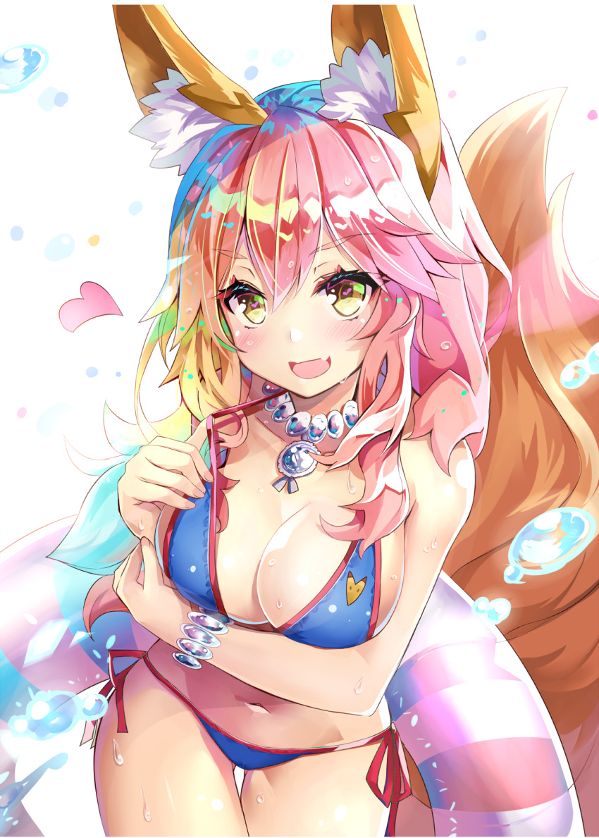 1girl :d animal_ears bead_bracelet bead_necklace beads bikini blue_bikini blush bracelet breasts commentary_request eyebrows_visible_through_hair fate/grand_order fate_(series) fox_ears fox_tail heart heart-shaped_pupils highres jewelry long_hair looking_at_viewer medium_breasts necklace open_mouth pink_hair sho_(runatic_moon) side-tie_bikini simple_background smile solo swimsuit symbol-shaped_pupils tail tamamo_(fate)_(all) tamamo_no_mae_(swimsuit_lancer)_(fate) white_background yellow_eyes