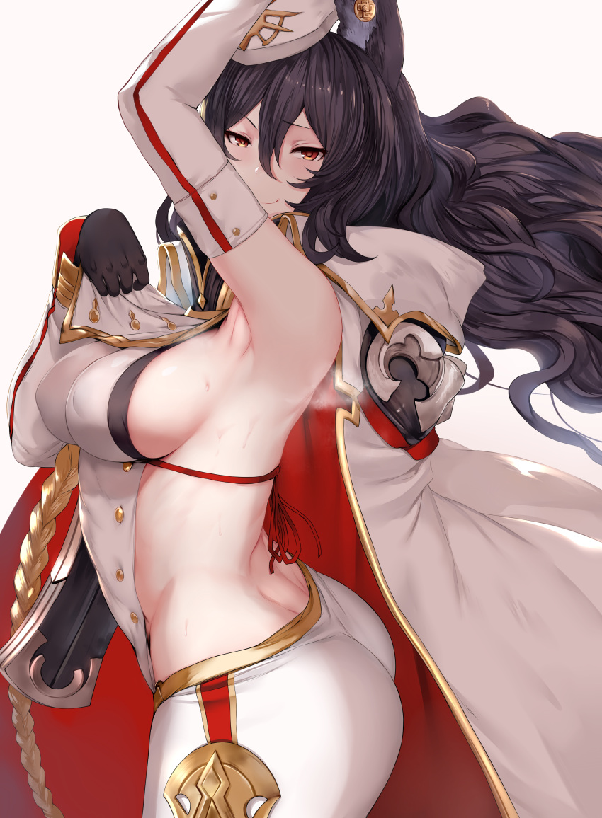 1girl absurdres animal_ears arched_back arm_up armpits ass black_gloves black_hair breasts brown_eyes cape commentary detached_sleeves erune from_side gloves granblue_fantasy hair_between_eyes hews_hack highres huge_filesize ilsa long_hair looking_at_viewer looking_to_the_side medium_breasts paid_reward patreon_reward sideboob simple_background smile solo sweat white_background