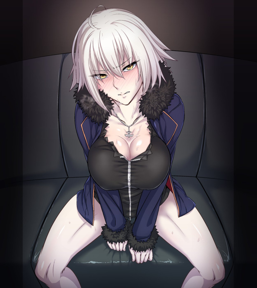 1girl ahoge blush breasts breath casual fate/grand_order fate_(series) fur_trim highres jeanne_d'arc_(alter)_(fate) jeanne_d'arc_(fate)_(all) jewelry large_breasts necklace sitting solo spread_legs sweat un white_hair yellow_eyes