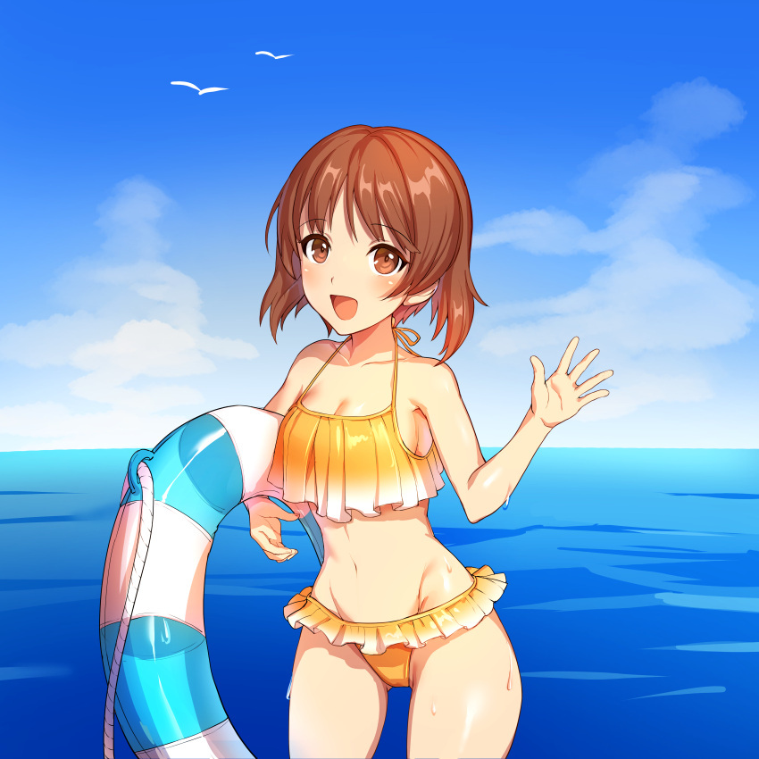 1girl :d absurdres bangs bikini bird blue_sky breasts brown_eyes brown_hair cleavage clouds cloudy_sky commentary cowboy_shot curcumin day eyebrows_visible_through_hair frilled_bikini frills girls_und_panzer groin highleg highleg_bikini highres holding holding_innertube innertube looking_at_viewer medium_breasts navel nishizumi_miho ocean open_mouth outdoors seagull short_hair sky smile solo standing swimsuit wading wet yellow_bikini