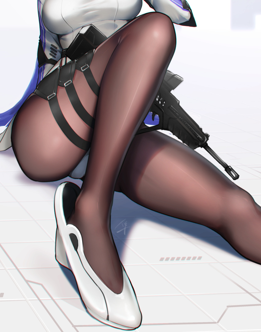 1girl arm_support assault_rifle bangs black_legwear blue_hair bow bowtie breasts bullpup cleavage closed_mouth eyebrows_visible_through_hair fingerless_gloves girls_frontline gloves gun hayabusa highres imi_tavor_tar-21 jacket knee_up large_breasts leotard long_hair looking_at_viewer pantyhose rifle shoes sidelocks sitting smile solo tar-21_(girls_frontline) thigh_strap very_long_hair weapon white_footwear white_leotard white_neckwear yellow_eyes