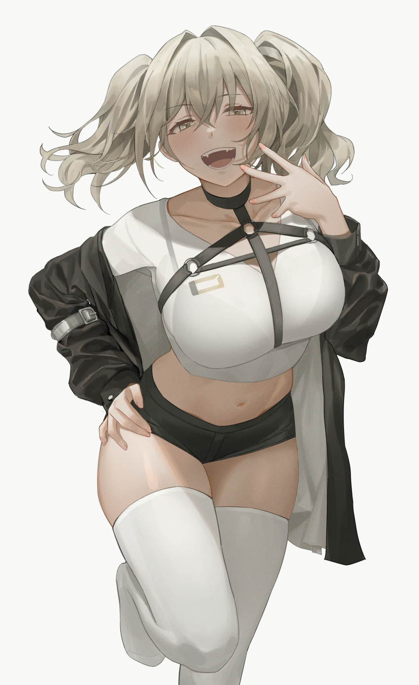 1girl :d absurdres banned_artist black_jacket black_shorts breasts chest_harness collarbone crop_top fangs grey_eyes grey_hair hair_intakes hand_on_hip hand_up harness highres hinaki_(hinaki_0102) jacket large_breasts leaning_forward leg_up long_hair long_sleeves looking_at_viewer micro_shorts midriff navel no_shoes off_shoulder open_clothes open_jacket original revealing_clothes shirt shorts simple_background skindentation smile solo standing standing_on_one_leg stomach thigh-highs thighs twintails white_background white_legwear white_shirt