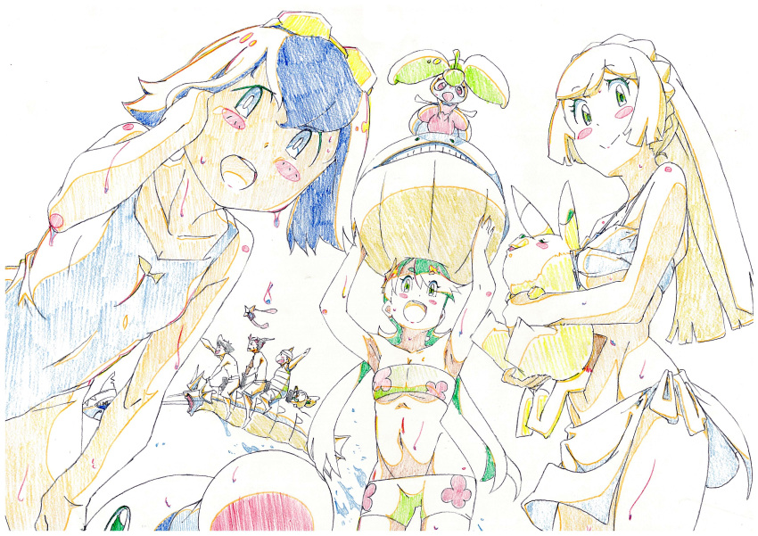 3boys 3girls absurdres bikini blue_eyes blue_hair blush_stickers breasts colored_pencil_(medium) goggles graphite_(medium) green_eyes green_hair haisaihaisai highres kaki_(pokemon) lillie_(pokemon) mamane_(pokemon) mallow_(pokemon) mega_gyarados multiple_boys multiple_girls pikachu pokemon pokemon_(anime) pokemon_sm_(anime) popplio rotom rotom_dex rowlet satoshi_(pokemon) sharpedo steenee suiren_(pokemon) swimsuit traditional_media under_boob wailmer