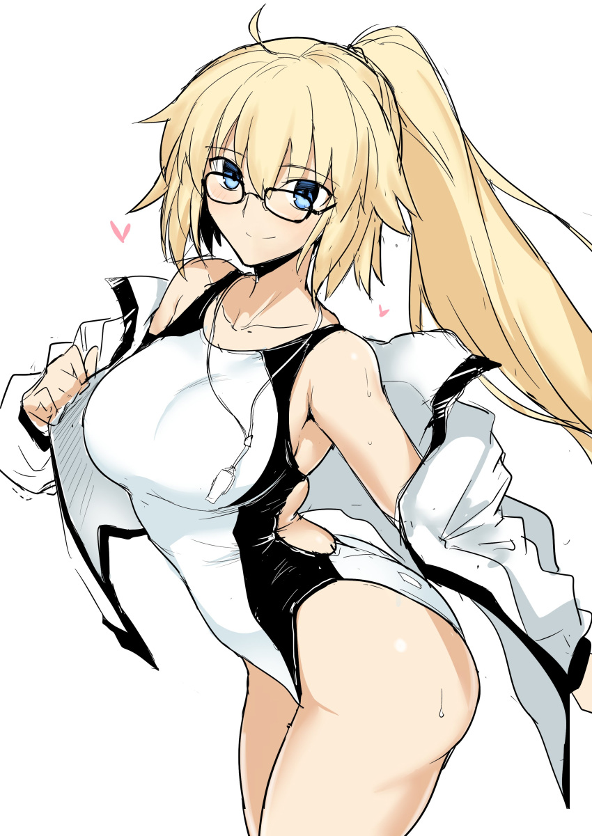 1girl absurdres bare_shoulders bespectacled blonde_hair blue_eyes collarbone competition_swimsuit fate/grand_order fate_(series) glasses harukon_(halcon) heart highres jacket jacket_over_swimsuit jeanne_d'arc_(fate) jeanne_d'arc_(fate)_(all) looking_at_viewer one-piece_swimsuit ponytail simple_background sketch smile solo swimsuit whistle whistle_around_neck white_background