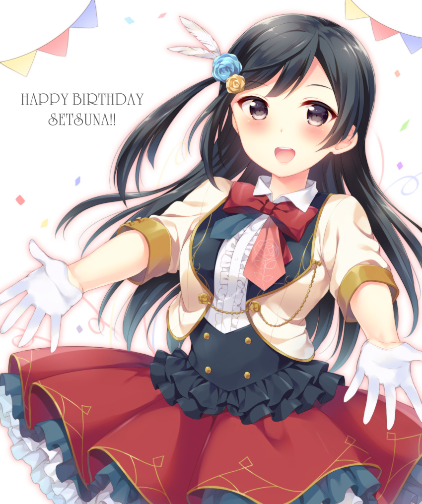 1girl black_hair bow gloves hair_ornament happy_birthday hazuki_(sutasuta) highres long_hair looking_at_viewer love_live! love_live!_school_idol_festival perfect_dream_project smile white_gloves yuuki_setsuna_(love_live!)