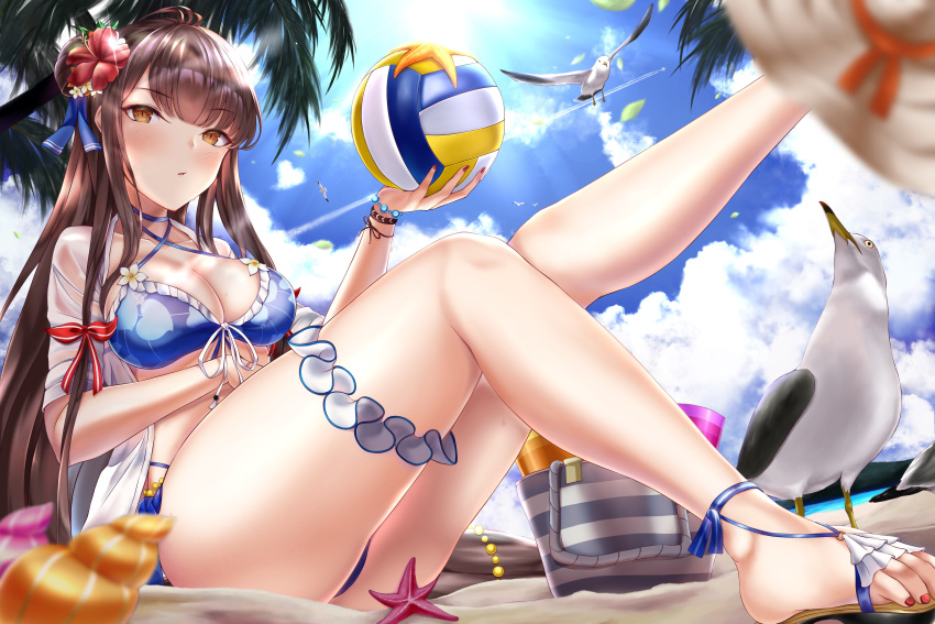 1girl absurdres aircraft airplane alternate_costume bag bangs beach bikini bird blue_bikini blue_eyes blurry_foreground blush bracelet breasts brown_eyes brown_hair bucket cleavage clouds collarbone eyebrows_visible_through_hair flower hair_between_eyes hair_flower hair_ornament hat hat_removed headwear_removed highres holding holding_beachball houchi_shoujo jewelry large_breasts leaves_in_wind leg_up long_hair looking_at_viewer nail_polish navel numaguro_(tomokun0808) open_clothes open_shirt palm_tree parted_lips red_nails ribbon sand sandals seagull see-through shell shirt side_bun sidelocks sitting smile solo sparkle starfish sun_hat swimsuit thigh_ribbon thighs tougai_(houchi_shoujo) tree tsurime very_long_hair white_shirt wristband