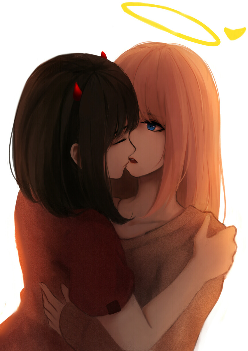 2girls angel_and_devil beige_sweater black_hair blonde_hair blue_eyes closed_eyes demon_horns halo hand_on_another's_back hand_on_another's_shoulder highres horns hug imminent_kiss lips long_hair multiple_girls open_mouth original red_lips red_shirt shimmer shirt short_sleeves simple_background sweater teeth upper_body white_background yuri