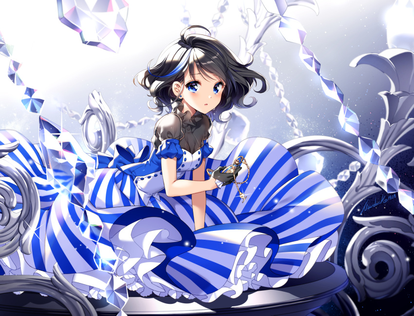 1girl bangs black_gloves black_hair blue_dress blue_eyes blush breasts chestnut_mouth commentary_request dress eyebrows_visible_through_hair gloves hair_between_eyes holding nardack original short_hair solo striped striped_dress swept_bangs