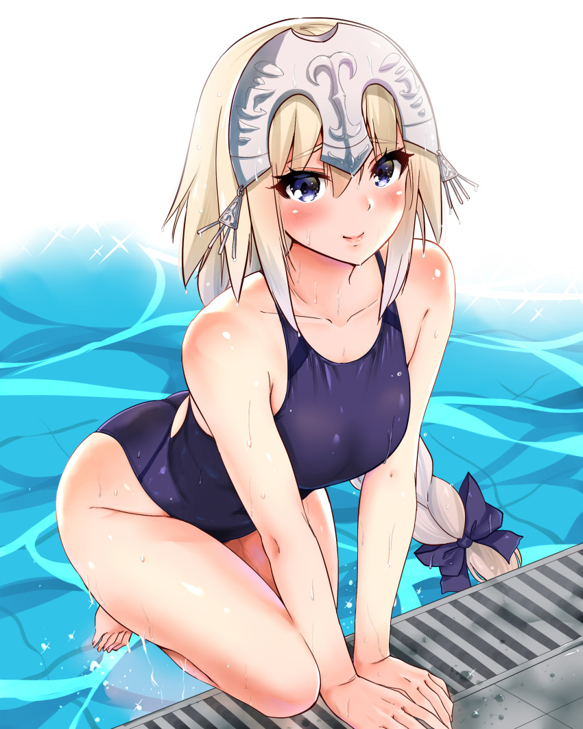 1girl absurdres arm_support bare_arms bare_legs barefoot blonde_hair blue_eyes blue_swimsuit braid breasts commentary_request contemporary eyebrows_visible_through_hair fate/grand_order fate_(series) hair_between_eyes headpiece highres jeanne_d'arc_(fate) jeanne_d'arc_(fate)_(all) large_breasts long_braid long_hair looking_at_viewer one-piece_swimsuit pool poolside sarfata single_braid smile swimsuit very_long_hair wading wet wet_clothes
