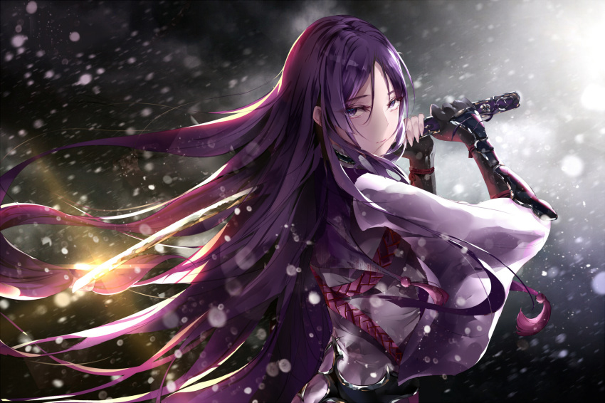 1girl fallen_heaven fate/grand_order fate_(series) floating_hair from_side gauntlets hair_between_eyes highres holding holding_sword holding_weapon japanese_clothes katana kimono long_hair looking_at_viewer minamoto_no_raikou_(fate/grand_order) outdoors purple_hair purple_kimono snowing solo sword very_long_hair violet_eyes weapon