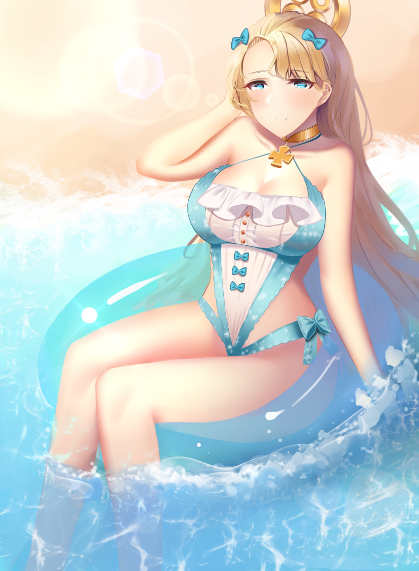 1girl absurdres alternate_costume aogi_(pixiv9459043) aqua_bow aqua_eyes armlet azur_lane bangs bare_shoulders blonde_hair blue_eyes blush bow breasts choker cleavage closed_mouth collarbone day emile_bertin_(azur_lane) eyebrows_visible_through_hair hair_bow hair_ornament hand_in_hair highres innertube long_hair looking_at_viewer medium_breasts one-piece_swimsuit outdoors parted_bangs partially_submerged sand sideboob sitting smile solo swimsuit thighs waves wavy_hair