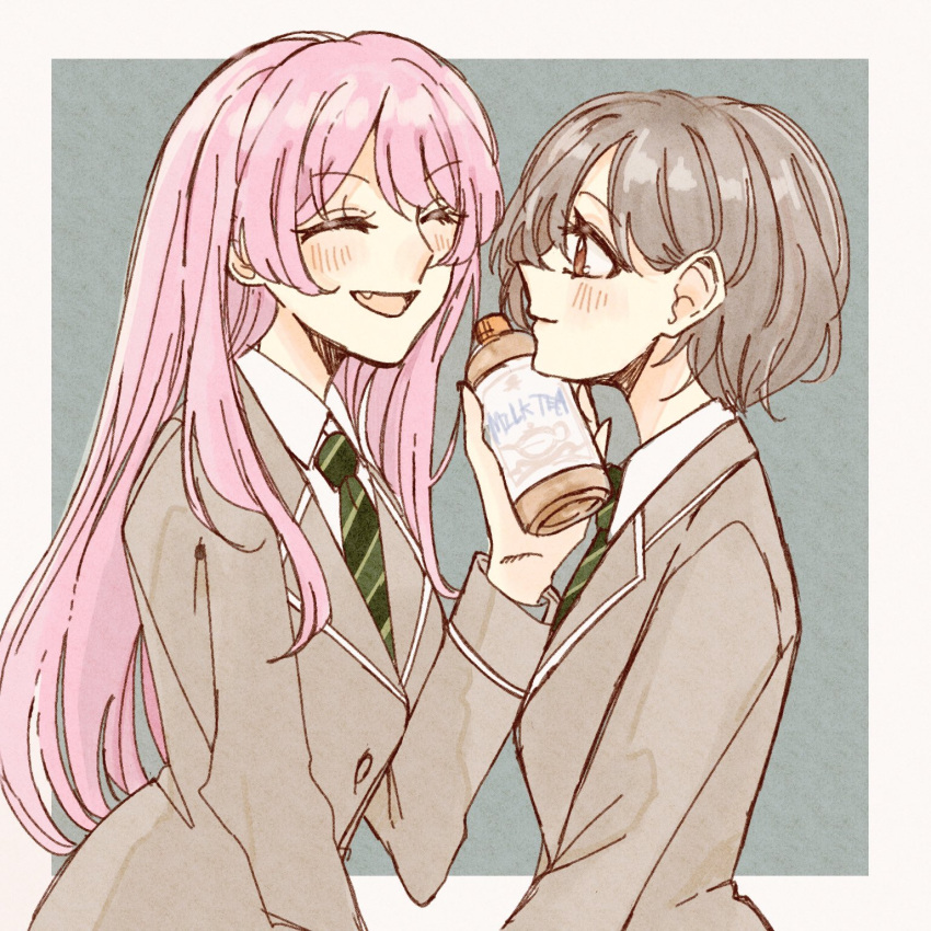 2girls ^_^ bang_dream! bang_dream!_it's_mygo!!!!! blazer blush border bottle brown_eyes chihaya_anon closed_eyes closed_mouth collared_shirt commentary diagonal-striped_clothes diagonal-striped_necktie fang green_necktie grey_background grey_hair grey_jacket haneoka_school_uniform highres holding holding_bottle jacket long_hair long_sleeves looking_at_another multiple_girls necktie open_mouth outside_border pink_hair saneri_(sanerii_25) school_uniform shirt short_hair striped_clothes takamatsu_tomori upper_body white_border white_shirt