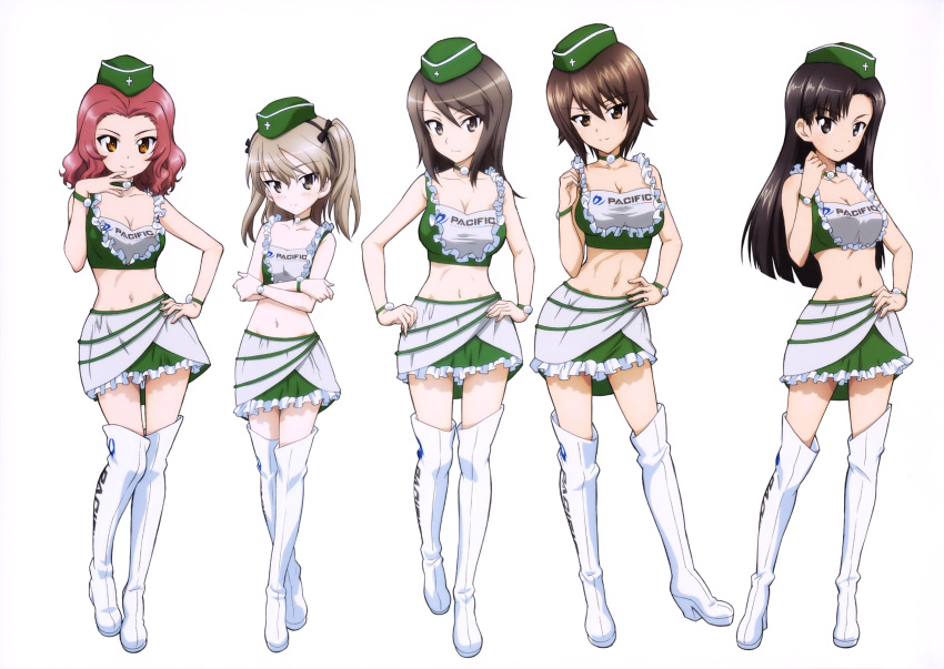 5girls absurdres asymmetrical_bangs bangs black_bow black_hair black_hairband boots bow bracelet breasts brown_eyes brown_hair cleavage collar contrapposto crop_top crossed_arms floating_hair frilled_skirt frills full_body girls_und_panzer green_hat hair_bow hairband hand_on_hip hands_on_hips hat high_heel_boots high_heels highres jewelry long_hair looking_at_viewer medium_breasts mika_(girls_und_panzer) mini_hat miniskirt multiple_girls navel nishi_kinuyo nishizumi_maho official_art redhead rosehip shimada_arisu shiny shiny_hair short_hair side_ponytail silver_hair skirt sleeveless smile standing stomach thigh-highs thigh_boots very_long_hair white_footwear yoshida_nobuyoshi