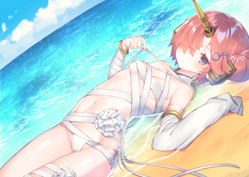 1girl arm_garter bandage beach blue_sky bracelet breasts clouds day fate/grand_order fate_(series) frankenstein's_monster_(fate) frankenstein's_monster_(swimsuit_saber)_(fate) hair_ornament hair_over_one_eye horns jewelry looking_at_viewer lying medium_breasts navel ocean on_back pink_hair short_hair single_detached_sleeve sky sleeves_past_fingers sleeves_past_wrists solo suzuho_hotaru violet_eyes