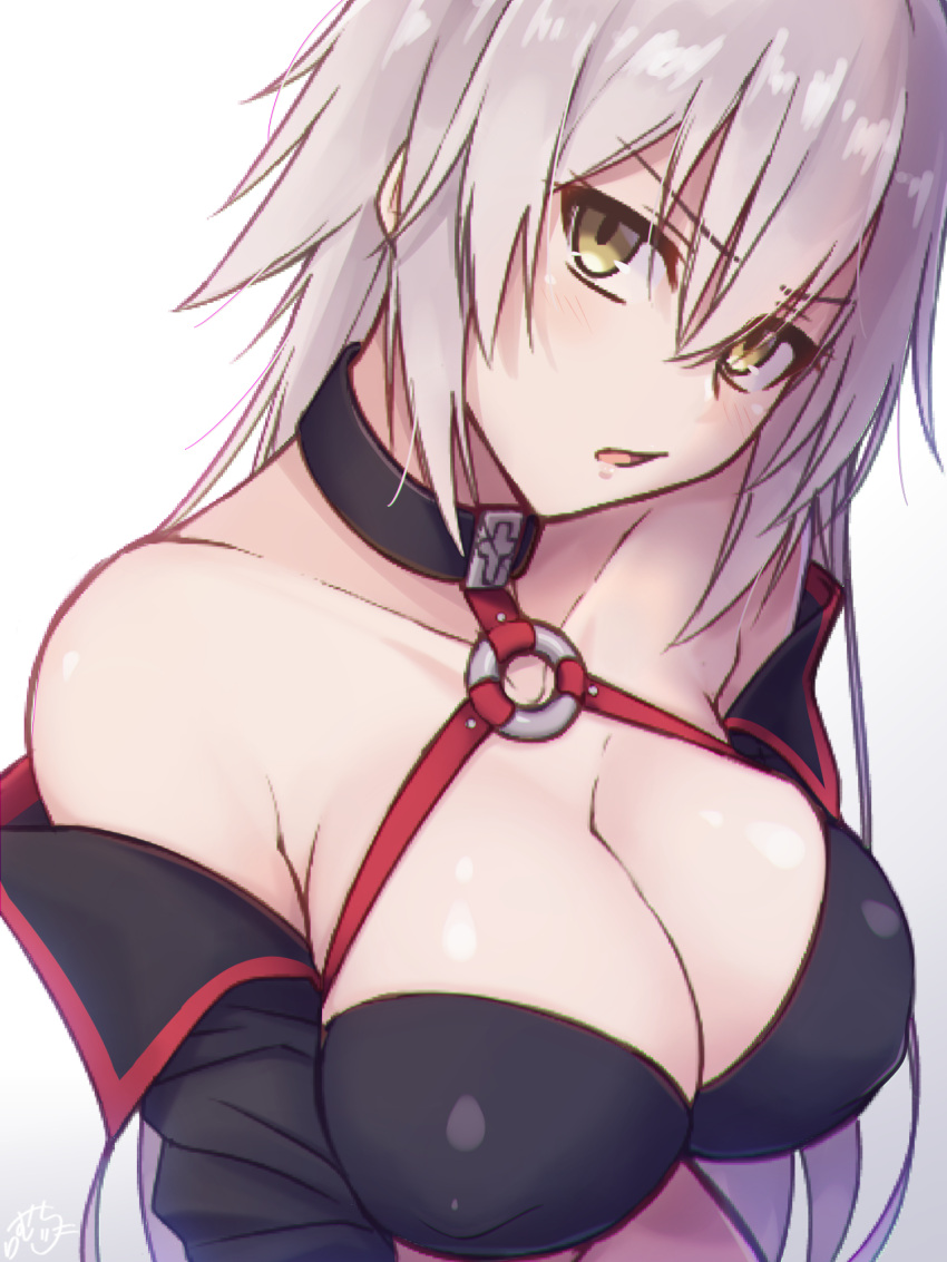 1girl ahoge bangs bare_shoulders bikini black_bikini black_jacket blush breasts cleavage collarbone covered_nipples eyebrows_visible_through_hair fate/grand_order fate_(series) hair_between_eyes halter_top halterneck head_tilt highres jacket jeanne_d'arc_(alter_swimsuit_berserker) jeanne_d'arc_(fate)_(all) large_breasts looking_at_viewer midriff o-ring o-ring_top open_mouth ramchi silver_hair swimsuit yellow_eyes