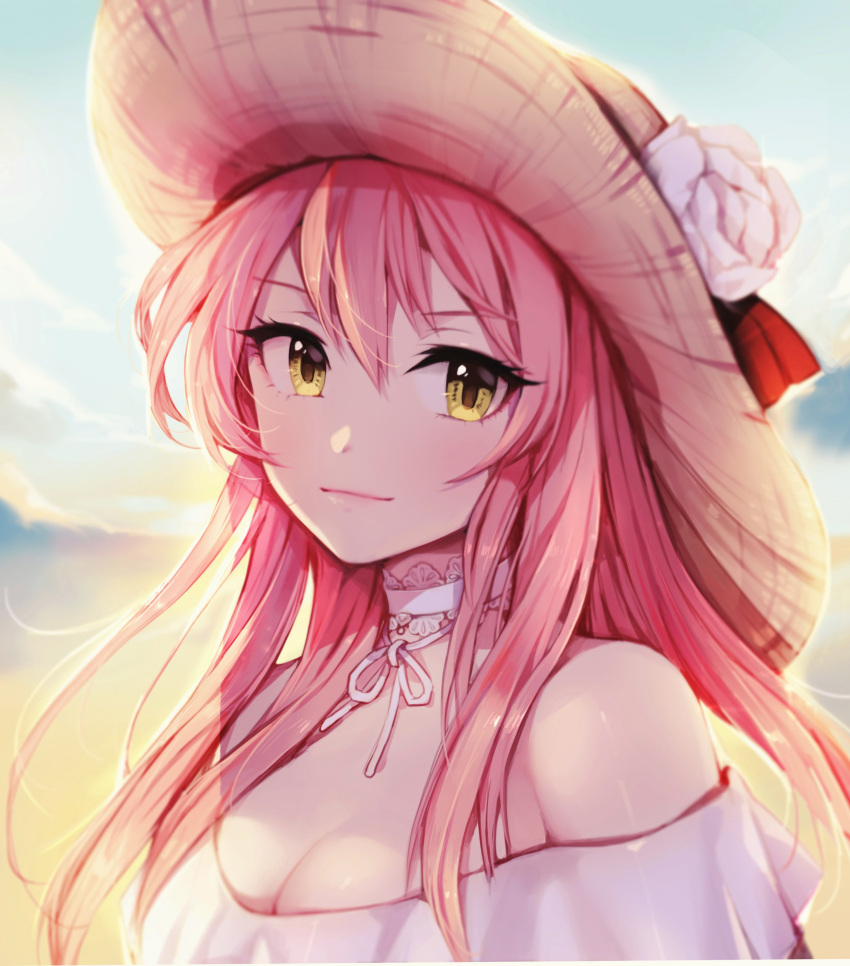 1girl absurdres backlighting bangs bare_shoulders breasts choker cleavage commentary_request dress evening eyebrows_visible_through_hair face flower flower_request frilled_choker frills hair_between_eyes hair_down hat hat_flower highres idolmaster idolmaster_cinderella_girls jougasaki_mika korean_commentary long_hair looking_at_viewer off_shoulder outdoors pink_hair pinkiepies2 sky solo sun_hat upper_body white_dress yellow_eyes