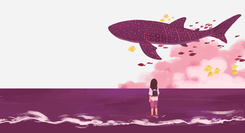 1girl arm_at_side backpack bag black_hair clouds commentary day english_commentary fish from_behind highres limited_palette long_hair ocean original outdoors pink pink_shorts ripples shirt short_sleeves shorts sky solo sooyun_choi standing sunlight wading water waves whale whale_shark white_shirt white_sky