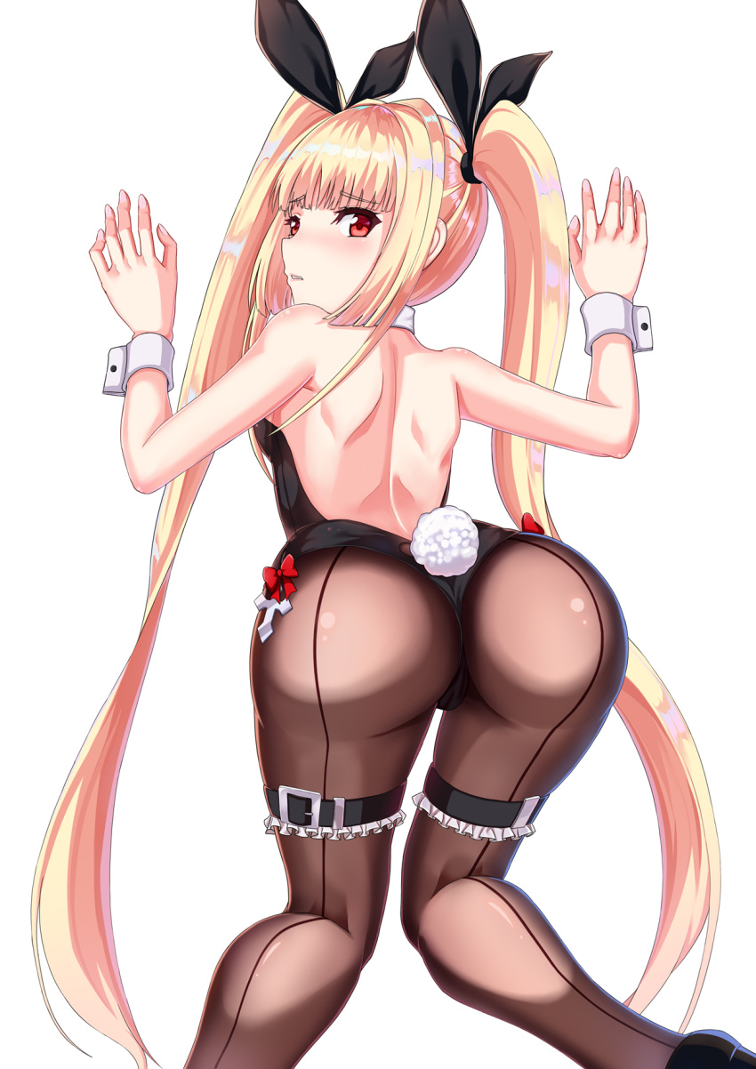 1girl against_wall alternate_costume animal_ears bare_shoulders black_leotard blazblue breasts bunny_girl bunny_tail bunnysuit commentary detached_collar fake_animal_ears from_behind gatari highres leaning_forward leotard pantyhose parted_lips playboy_bunny_leotard rabbit_ears rachel_alucard red_eyes shiny shiny_clothes small_breasts strapless strapless_leotard tail thigh_strap twintails wrist_cuffs