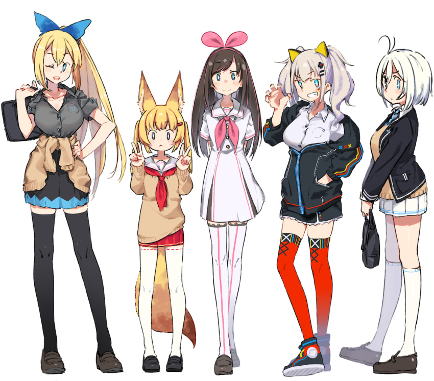 5girls a.i._channel animal_ears antenna_hair bag bangs black_footwear black_jacket black_legwear black_shirt black_skirt blazer blonde_hair blue_eyes blue_ribbon boots breasts brown_cardigan brown_footwear brown_hair brown_sweater cardigan_around_waist claw_pose clothes_around_waist collarbone collared_shirt crossover dennou_shoujo_youtuber_shiro double_v dress dress_shirt eyebrows_visible_through_hair fox_ears fox_girl fox_tail grin hair_between_eyes hair_ornament hair_ribbon hairclip hand_in_pocket hand_on_hip hands_up high_ponytail holding holding_bag jacket kaguya_luna kaguya_luna_(character) kei_(soundcross) kemomimi_oukoku_kokuei_housou kizuna_ai loafers long_hair long_sleeves medium_breasts mikoko_(kemomimi_oukoku_kokuei_housou) mirai_akari mirai_akari_project multicolored_hair multiple_crossover multiple_girls neckerchief open_blazer open_clothes open_jacket pink_hair pink_neckwear pink_ribbon pleated_dress pleated_skirt ponytail red_legwear red_neckwear red_skirt ribbon ribbon-trimmed_legwear ribbon_trim sailor_collar school_bag shiro_(dennou_shoujo_youtuber_shiro) shirt shoes short_sleeves silver_hair skirt sleeves_past_wrists smile standing streaked_hair sweater sweater_around_waist tail thigh-highs twintails v v-shaped_eyebrows very_long_hair virtual_youtuber white_background white_dress white_legwear white_sailor_collar white_shirt white_skirt