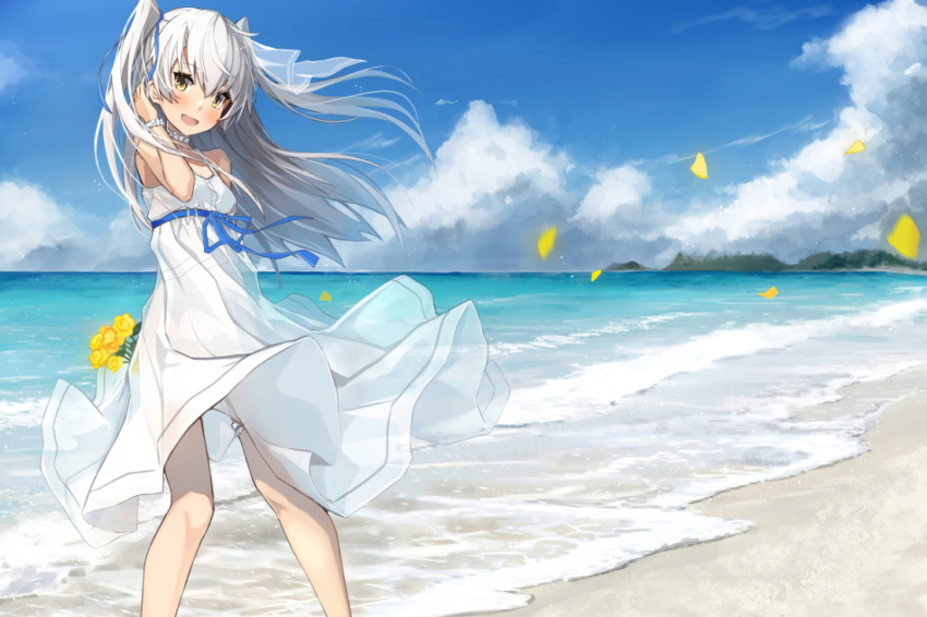 1girl :d alternate_costume amatsukaze_(kantai_collection) beach blue_sky blush clouds day dress flower hair_between_eyes kantai_collection long_hair ocean open_mouth petals silver_hair sky smile solo standing strapless takanashi_kei_(hitsujikan) two_side_up white_dress yellow_eyes yellow_flower