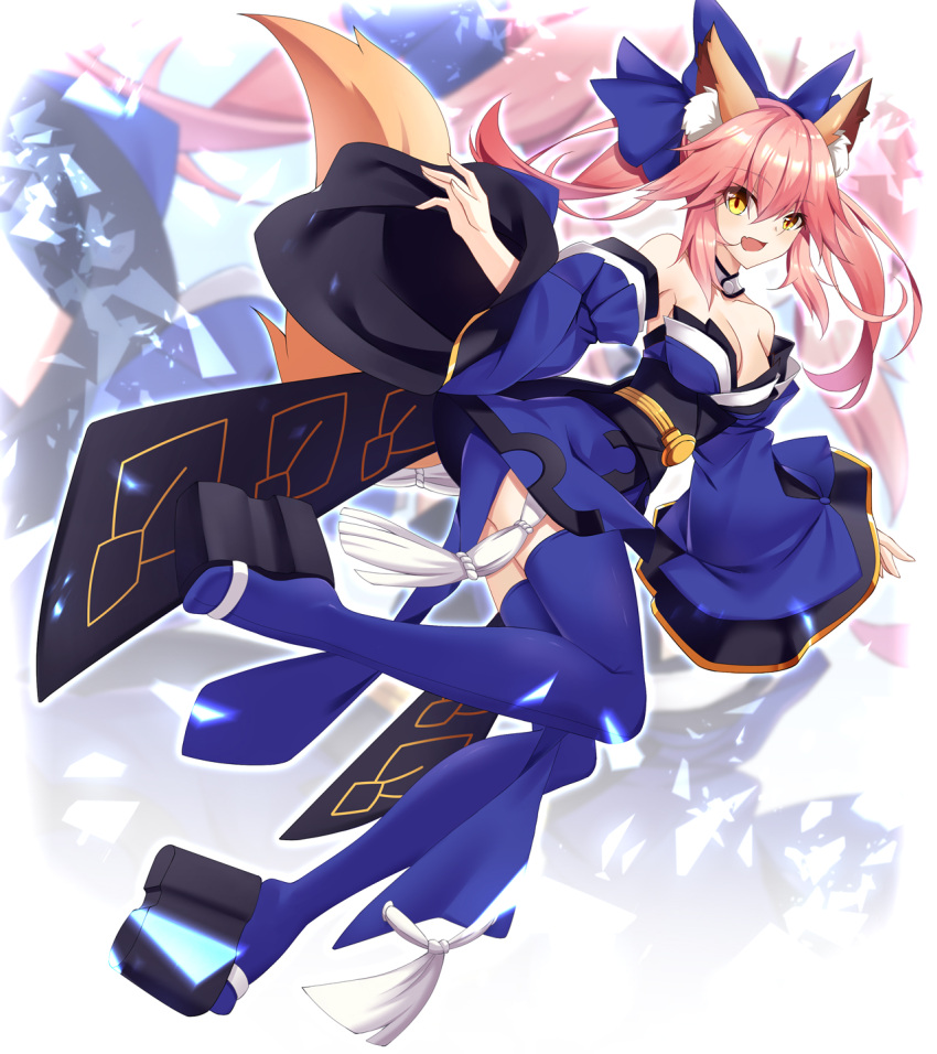 animal_ear_fluff animal_ears blue_legwear blue_ribbon bow breasts cleavage collarbone detached_sleeves fang fate/grand_order fate_(series) fox_ears fox_tail hair_bow hair_ribbon highres japanese_clothes large_breasts open_mouth pink_hair ribbon rx7649 tail tamamo_(fate)_(all) tamamo_no_mae_(fate) yellow_eyes zoom_layer
