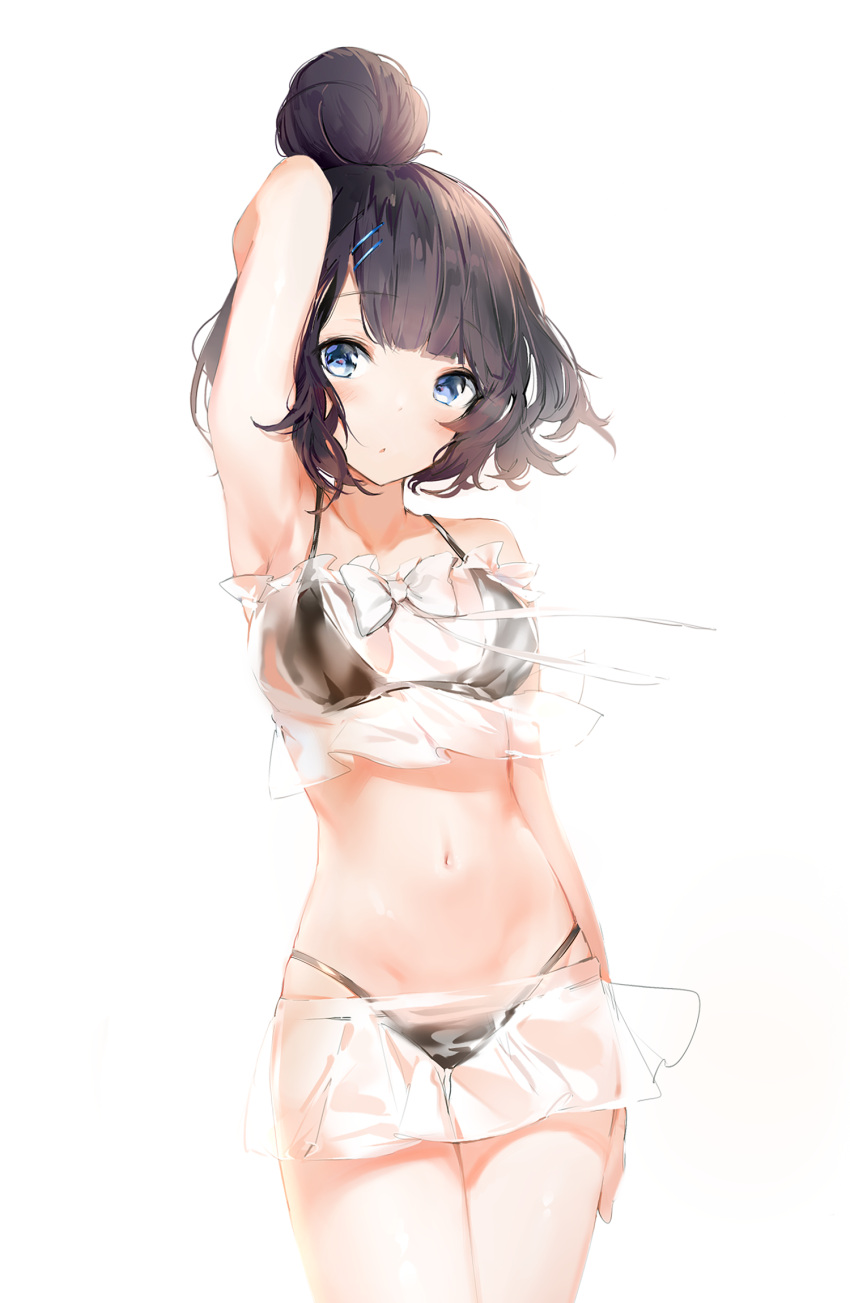 1girl arm_at_side arm_up bangs bare_arms bare_shoulders bikini black_bikini black_hair blue_eyes blush bow breasts collarbone commentary_request cowboy_shot eyebrows_visible_through_hair fate/grand_order fate_(series) hair_bun hair_ornament hairclip highres katsushika_hokusai_(fate/grand_order) looking_at_viewer medium_breasts navel parted_lips pleated_skirt see-through silver_(chenwen) simple_background skirt solo strapless swimsuit white_background white_bow