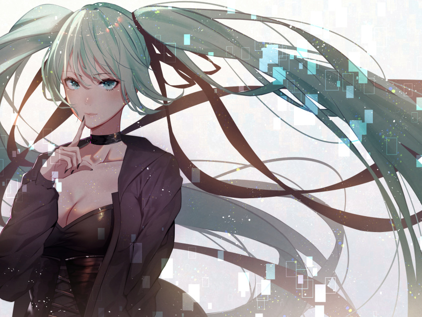 1girl alternate_costume aqua_eyes aqua_hair breasts choker cleavage fingernails hatsune_miku highres kisui_(user_wswf3235) long_fingernails long_hair medium_breasts twintails vocaloid