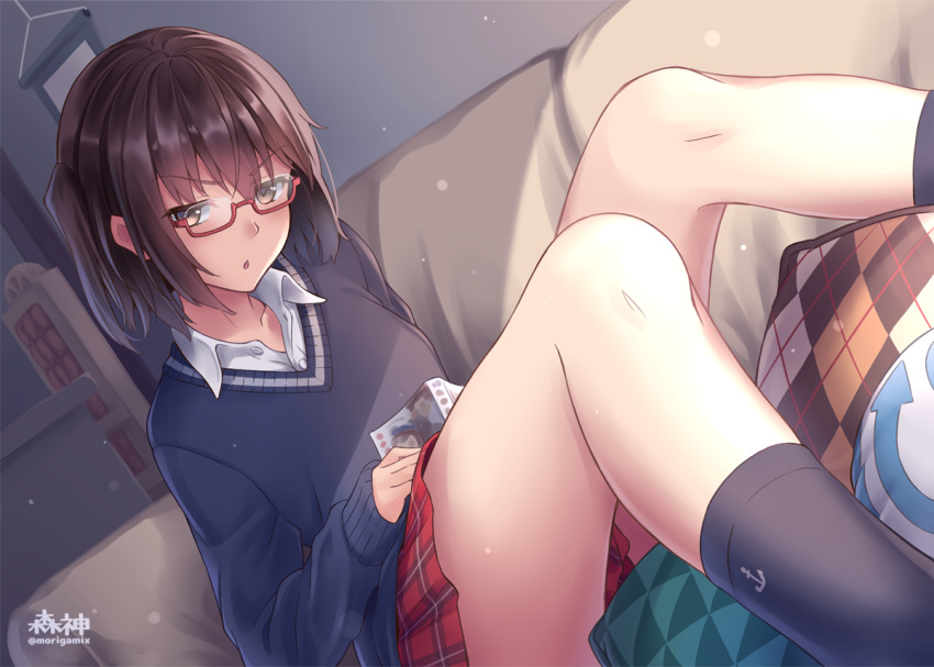 1girl :o alternate_costume artist_name bangs black_legwear blue_sweater blush book brown_eyes brown_hair collared_shirt couch eyebrows_visible_through_hair eyes_visible_through_hair glasses head_tilt holding holding_book indoors kantai_collection light_particles looking_at_viewer morigami_(morigami_no_yashiro) open_mouth pillow plaid plaid_skirt pleated_skirt red-framed_eyewear school_uniform semi-rimless_eyewear sendai_(kantai_collection) shirt short_hair sitting skirt socks solo sweater thighs two_side_up white_shirt