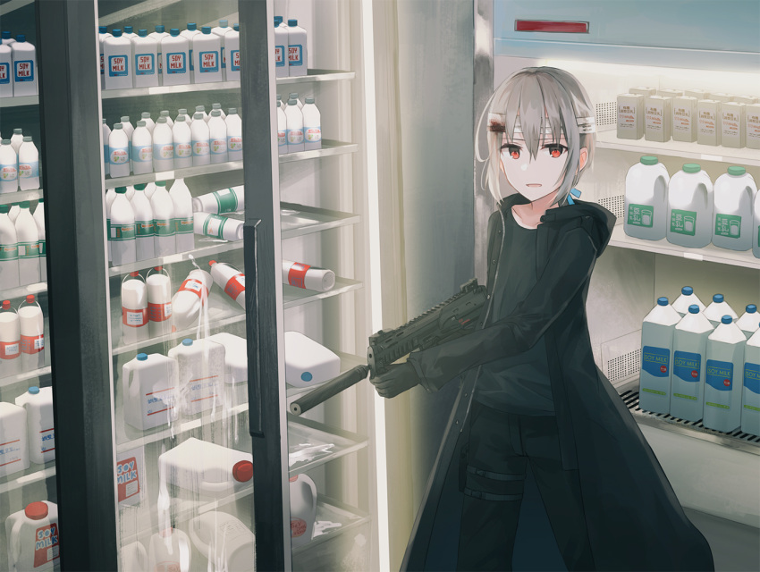 1girl :d bandage bandaged_head bandages bangs black_coat black_gloves black_pants black_shirt blood bloody_bandages blue_ribbon bottle chihuri commentary_request eyebrows_visible_through_hair gloves gun hair_between_eyes holding holding_gun holding_weapon indoors long_sleeves looking_at_viewer milk milk_bottle open_mouth original pants red_eyes ribbon shirt short_hair silver_hair smile solo spill standing weapon weapon_request