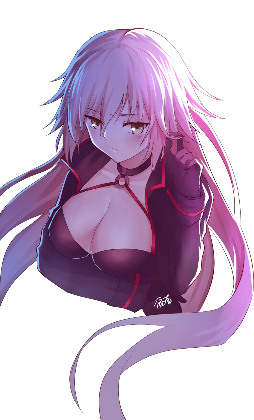 1girl absurdres backlighting bangs black_bikini_top black_choker black_jacket blush breast_hold breasts choker cleavage closed_mouth collarbone commentary_request cropped_torso eyebrows_visible_through_hair fate/grand_order fate_(series) floating_hair gogatsu_fukuin grey_eyes hair_between_eyes halter_top halterneck hand_up high_collar highres holding holding_hair jacket jeanne_d'arc_(alter_swimsuit_berserker) jeanne_d'arc_(fate)_(all) large_breasts long_hair long_sleeves looking_at_viewer o-ring o-ring_top open_clothes open_jacket sidelocks signature simple_background solo upper_body white_background white_hair