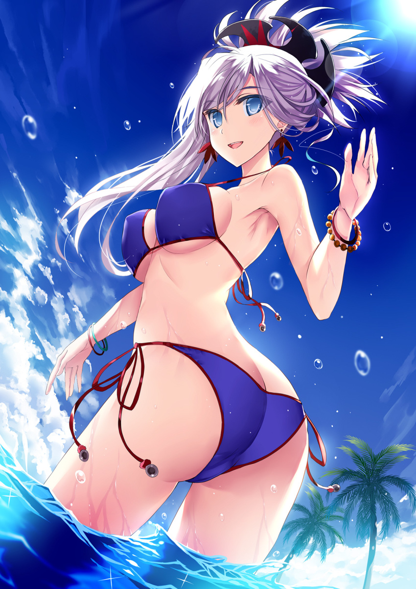 1girl alternate_costume ass bangs bare_arms bare_shoulders beach blue_eyes blue_sky breasts clouds colored_eyelashes day erect_nipples eyebrows_visible_through_hair fate/grand_order fate_(series) from_behind from_below hair_ornament highres large_breasts looking_at_viewer midriff miyamoto_musashi_(fate/grand_order) morizono_shiki ocean outdoors parted_lips pink_hair ponytail sky sunlight swimsuit tree wading water