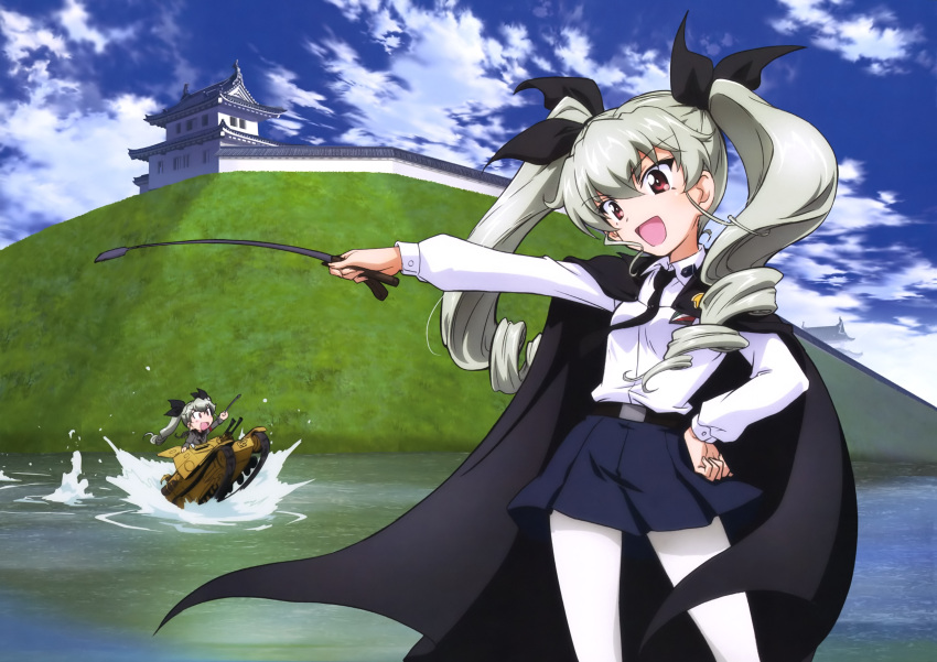 1girl :d absurdres anchovy anzio_military_uniform anzio_school_uniform architecture black_bow black_cape black_neckwear blue_skirt blue_sky bow cape day dress_shirt drill_hair east_asian_architecture eyebrows_visible_through_hair girls_und_panzer ground_vehicle hair_between_eyes hair_bow hand_on_hip head_tilt highres holding long_hair military military_vehicle miniskirt motor_vehicle necktie official_art open_mouth outdoors outstretched_arm pantyhose pleated_skirt red_eyes shiny shiny_hair shirt silver_hair skirt sky smile solo tank twin_drills twintails very_long_hair white_legwear white_shirt yoshida_nobuyoshi