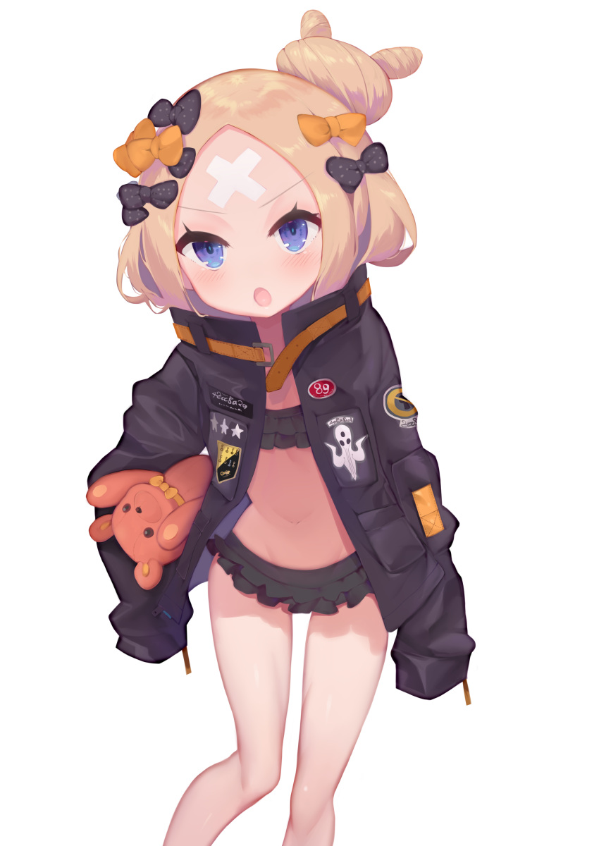 1girl :o abigail_williams_(fate/grand_order) absurdres bangs bikini bikini_under_clothes black_bikini black_bow black_jacket blonde_hair blue_eyes blush bow crossed_bandaids fate/grand_order fate_(series) frilled_bikini frills hair_bow hair_bun highres jacket key long_hair long_sleeves looking_at_viewer navel object_hug open_clothes open_jacket open_mouth orange_bow parted_bangs polka_dot polka_dot_bow simple_background sleeves_past_fingers sleeves_past_wrists solo standing star stuffed_animal stuffed_toy swimsuit teddy_bear tomo_(ryo_i_so_) v-shaped_eyebrows white_background