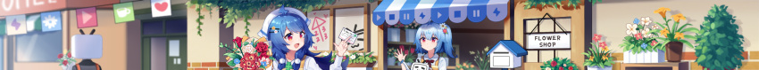 2girls ahoge bili_girl_22 bili_girl_33 bilibili_douga blue_hair blush bouquet day eyebrows_visible_through_hair flower flower_shop hair_ornament hairclip highres holding holding_bouquet long_hair long_image looking_at_another multiple_girls official_art open_mouth outdoors plant potted_plant red_eyes sharlorc shop short_hair short_ponytail side_ponytail sign smile wide_image