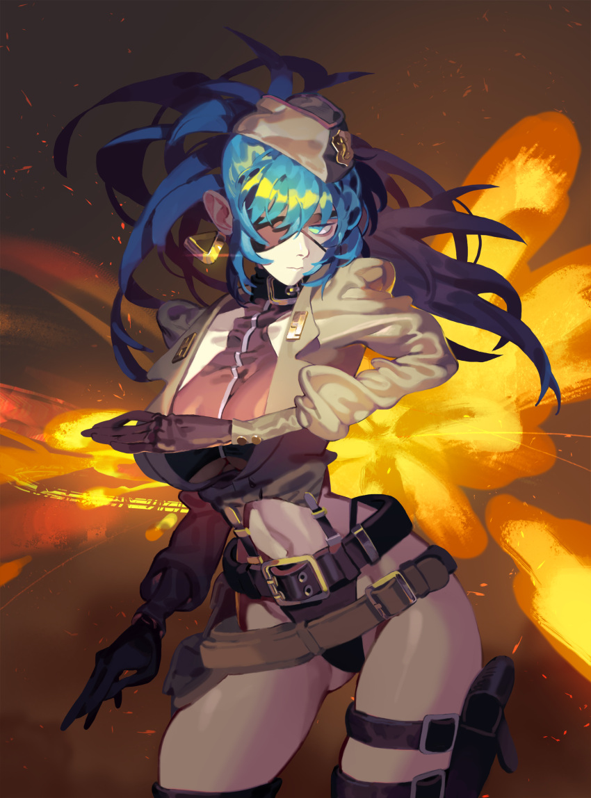 1girl absurdres bangs belt black_bottomwear black_gloves black_tank_top blue_eyes blue_hair bravo233 breasts closed_mouth commentary_request explosion eyepatch facing_viewer gloves green_jacket hair_between_eyes hat highres holster jacket large_breasts leona_heidern looking_to_the_side midriff military_hat military_jacket navel ponytail snk tank_top the_king_of_fighters thigh_holster thigh_strap thighs thong under_boob