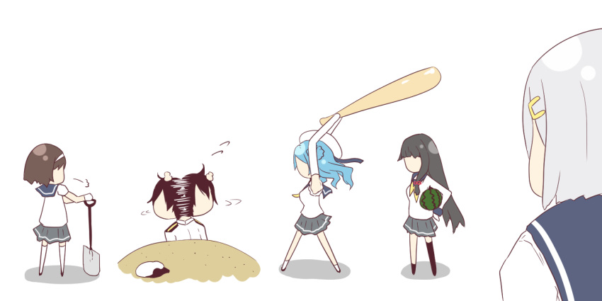 1boy 4girls admiral_(kantai_collection) baseball_bat black_hair blue_eyes brown_hair deformed faceless faceless_female faceless_male flipped_hair food fruit hair_ornament hair_over_one_eye hairclip hamakaze_(kantai_collection) hitting isokaze_(kantai_collection) kantai_collection looking_at_another military multiple_girls pleated_skirt school_uniform serafuku silver_hair skirt tanikaze_(kantai_collection) twinameless urakaze_(kantai_collection) watermelon yellow_neckwear