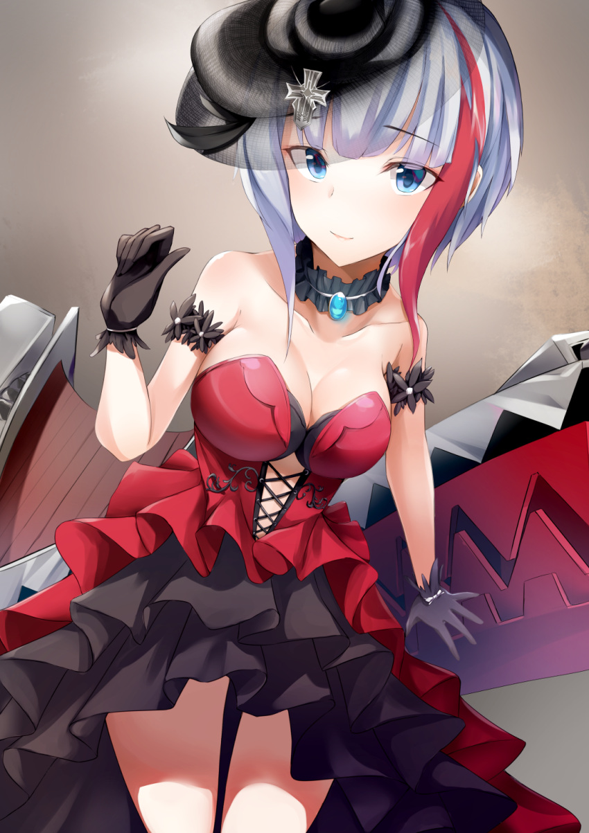 1girl admiral_graf_spee_(azur_lane) alternate_breast_size alternate_costume arm_scrunchie azur_lane bangs blue_eyes blush breasts choker cleavage closed_mouth dress eyebrows_visible_through_hair flamenco gloves hand_up hat hayami_yoichi highres iron_cross large_breasts looking_at_viewer machinery multicolored_hair red_dress redhead rigging sapphire_(stone) short_hair sidelocks silver_hair smile solo strapless strapless_dress streaked_hair thighs