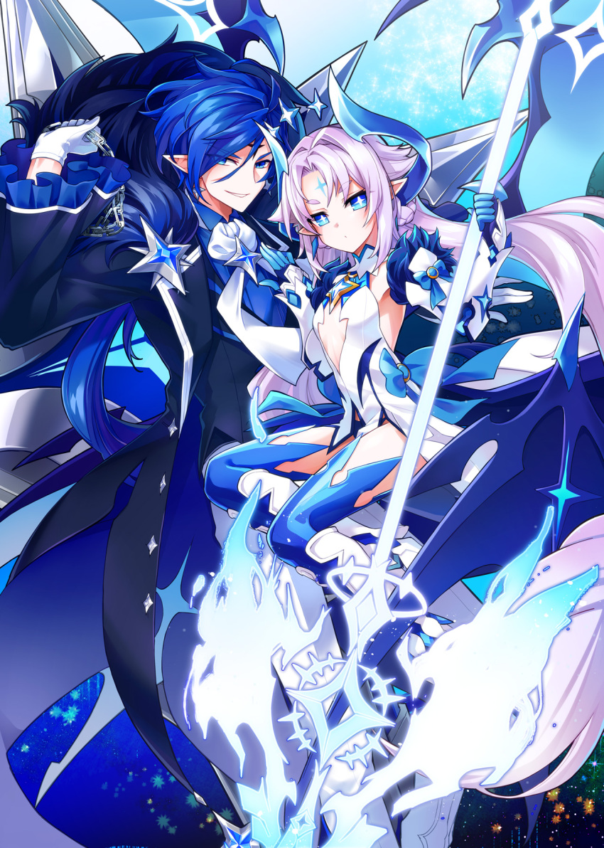 1boy 1girl absurdly_long_hair black_jacket blue_eyes blue_footwear blue_gloves blue_hair blue_shirt boots breasts ciel_(elsword) cleavage cleavage_cutout detached_sleeves elsword facial_mark floating_hair gloves grin hair_between_eyes high_heel_boots high_heels highres holding holding_chain holding_weapon jacket kuroshio_maki long_hair looking_at_viewer luciela_r._sourcream pointy_ears polearm shirt silver_hair small_breasts smile thigh-highs thigh_boots twintails very_long_hair weapon white_gloves
