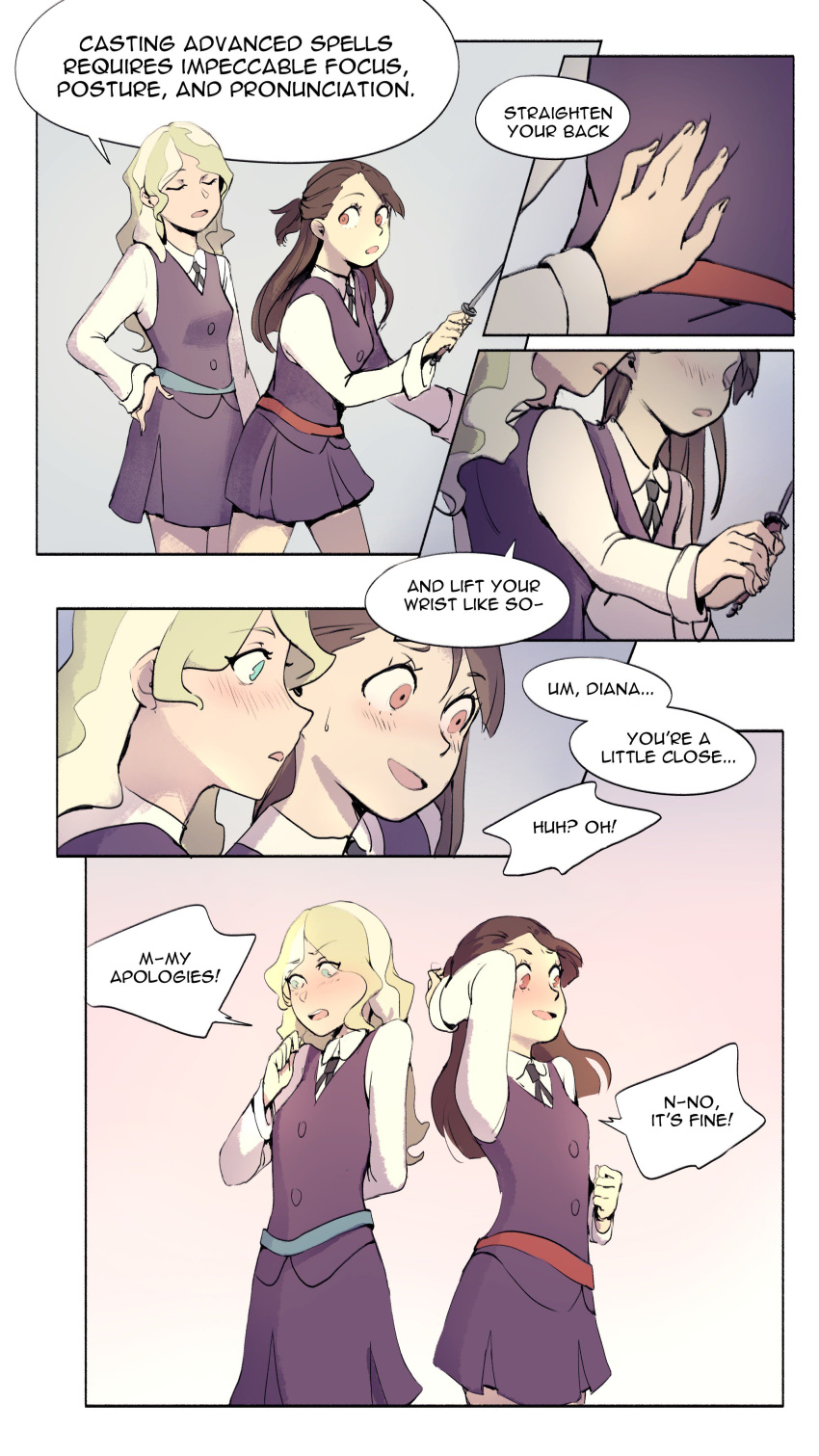 2girls absurdres aqua_eyes blonde_hair blush brown_eyes brown_hair collared_shirt comic commentary diana_cavendish english english_commentary hand_on_another's_back highres holding holding_wand kagari_atsuko little_witch_academia long_hair long_sleeves luna_nova_school_uniform multiple_girls necktie open_mouth school_uniform shirt short_ponytail teires_(teir3s) wand yuri