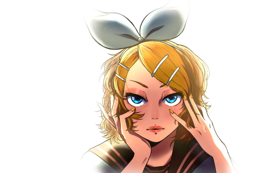 1girl blonde_hair bloom blue_eyes kagamine_rin lips migikata_no_chou_(vocaloid) nail poyosynthesis simple_background solo upper_body vocaloid