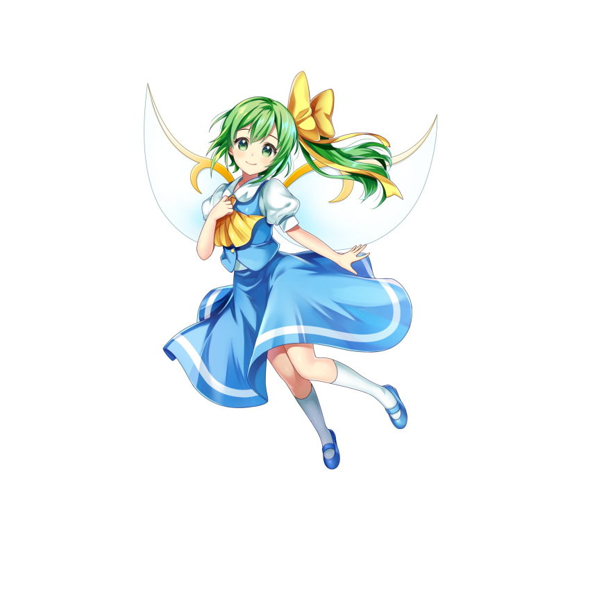 1girl ascot blue_footwear blue_skirt blue_vest closed_mouth daiyousei fairy_wings full_body game_cg green_eyes green_hair hair_ribbon highres looking_at_viewer medium_hair ribbon rotte_(1109) shirt short_sleeves side_ponytail simple_background skirt smile socks solo third-party_source touhou touhou_lost_word vest white_background white_shirt white_socks white_wings wings yellow_ascot yellow_ribbon